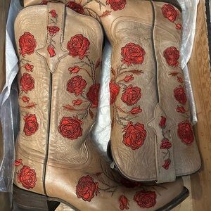 Lucchese Cowboy Boots with Red Rose Embroidery